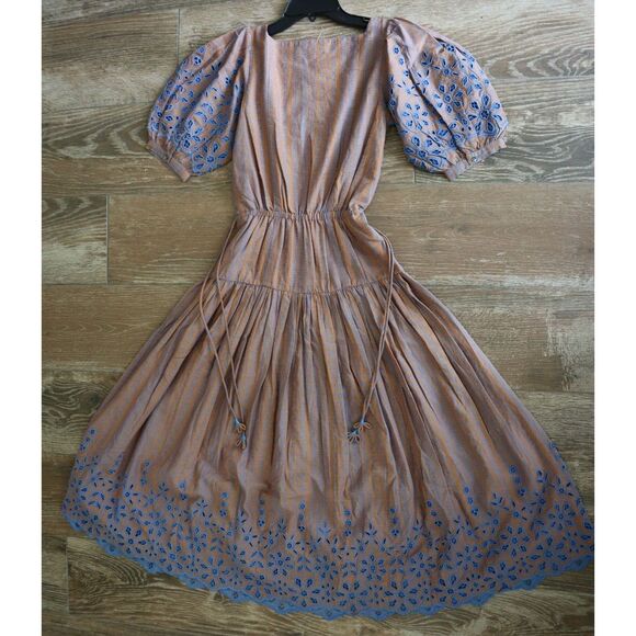 Joie Women's Sz XS Light Brown/Blue Nashua Eyelet Maxi Fit & Flare Dress - Picture 2 of 14